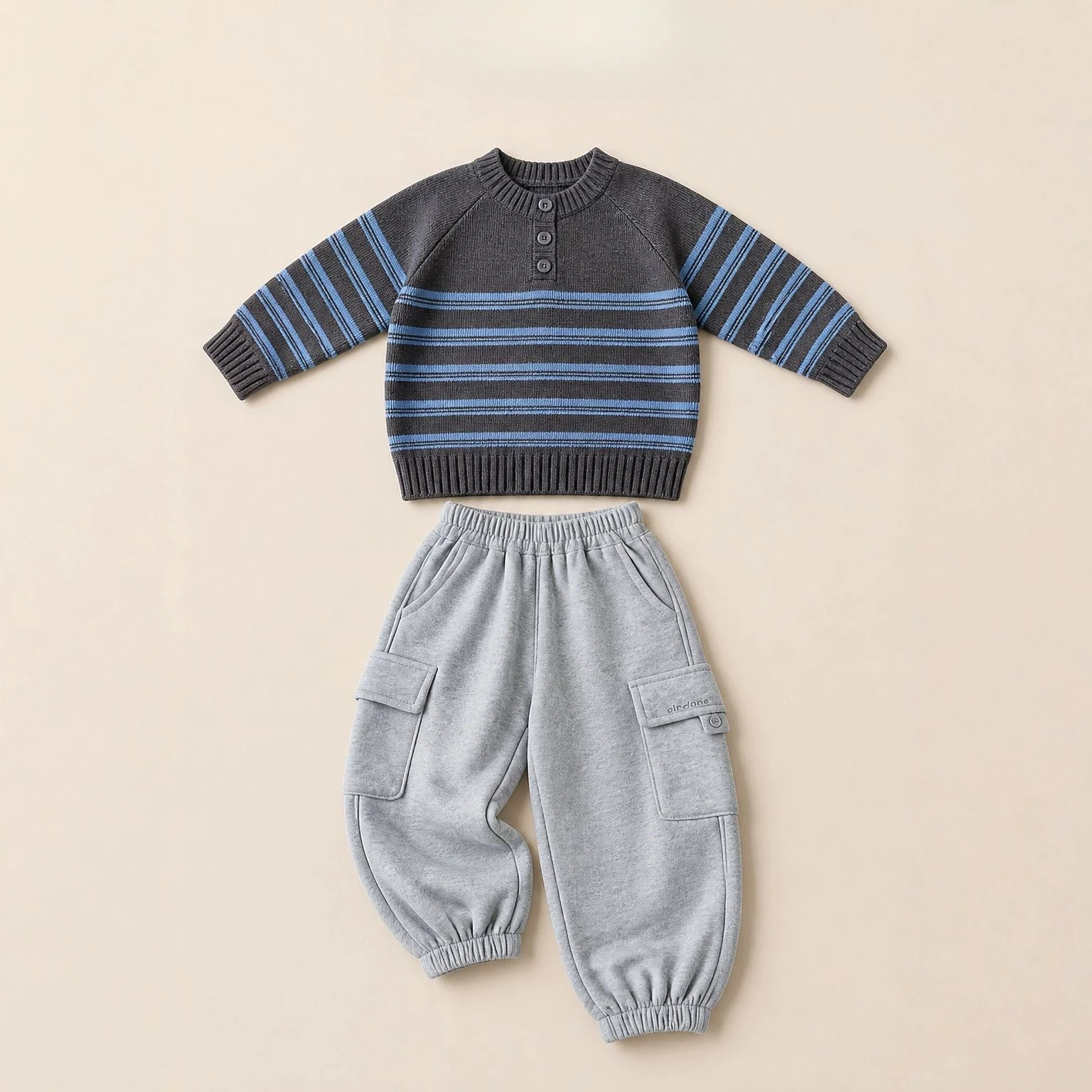 Boys Kids Hoodie Sets 2026 New Autumn Korean O-Neck Strip Knit Sweater and Grey Tapered Pants Two Price Sets