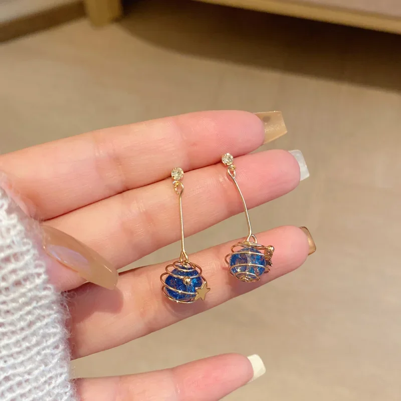 Korean Style Cute Long Crystal Blue Planet Drop Earrings Simple Fashion Earth Spiral Star Dangle Earrings Jewelry for Women Girl