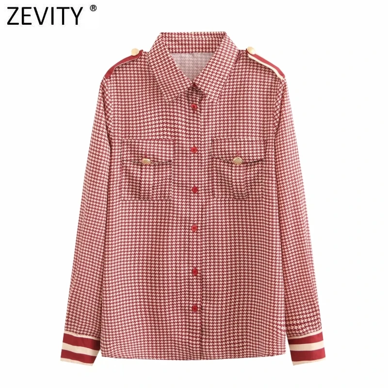 Zevity Women Vintage Red Houndstooth Print Patchwork Casual Smock Blouse Office Lady Pocket Patch Shirts Chic Blusas Tops LS9341