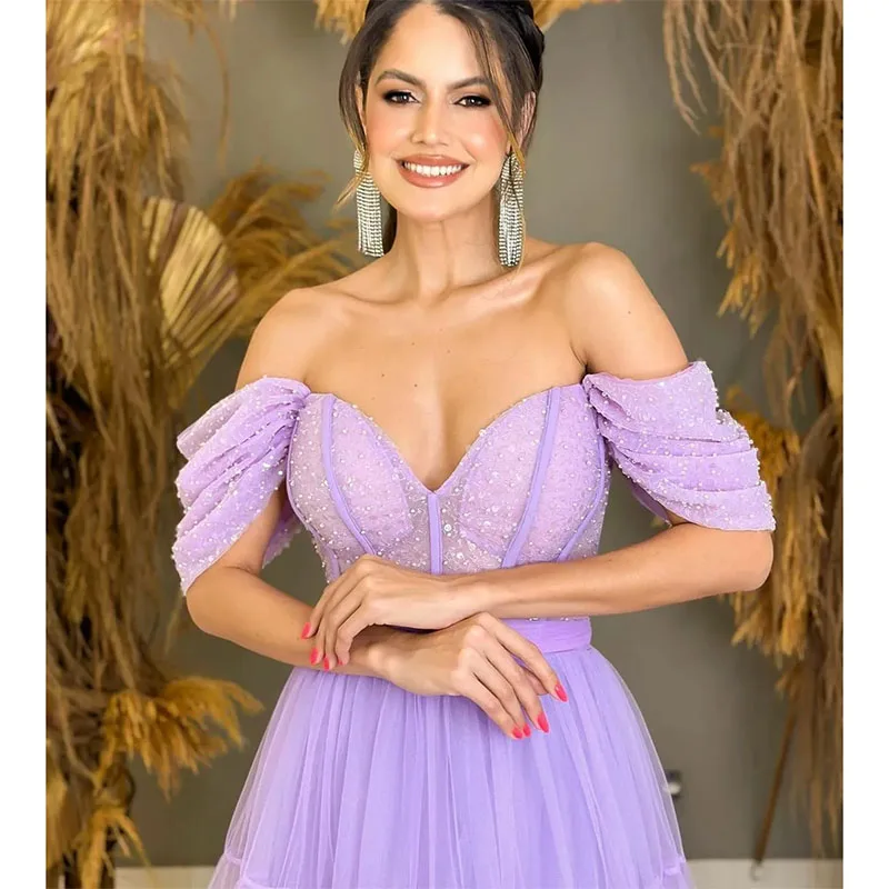 Classic Long Lilac V-Neck Tulle Evening Dresses A-Line Pleated Lace-Up Back Floor-Length Prom Dresses for Women 2024