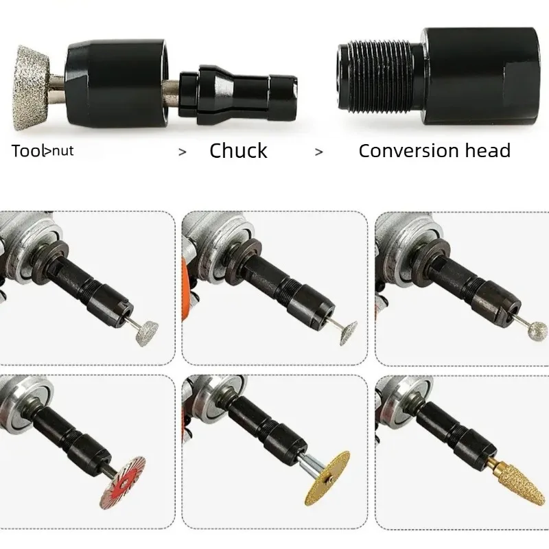 Angle grinder modified w/ straight grind conversion head, polisher, elec grinder, 6/3mm chuck grinder to engraving machine tool
