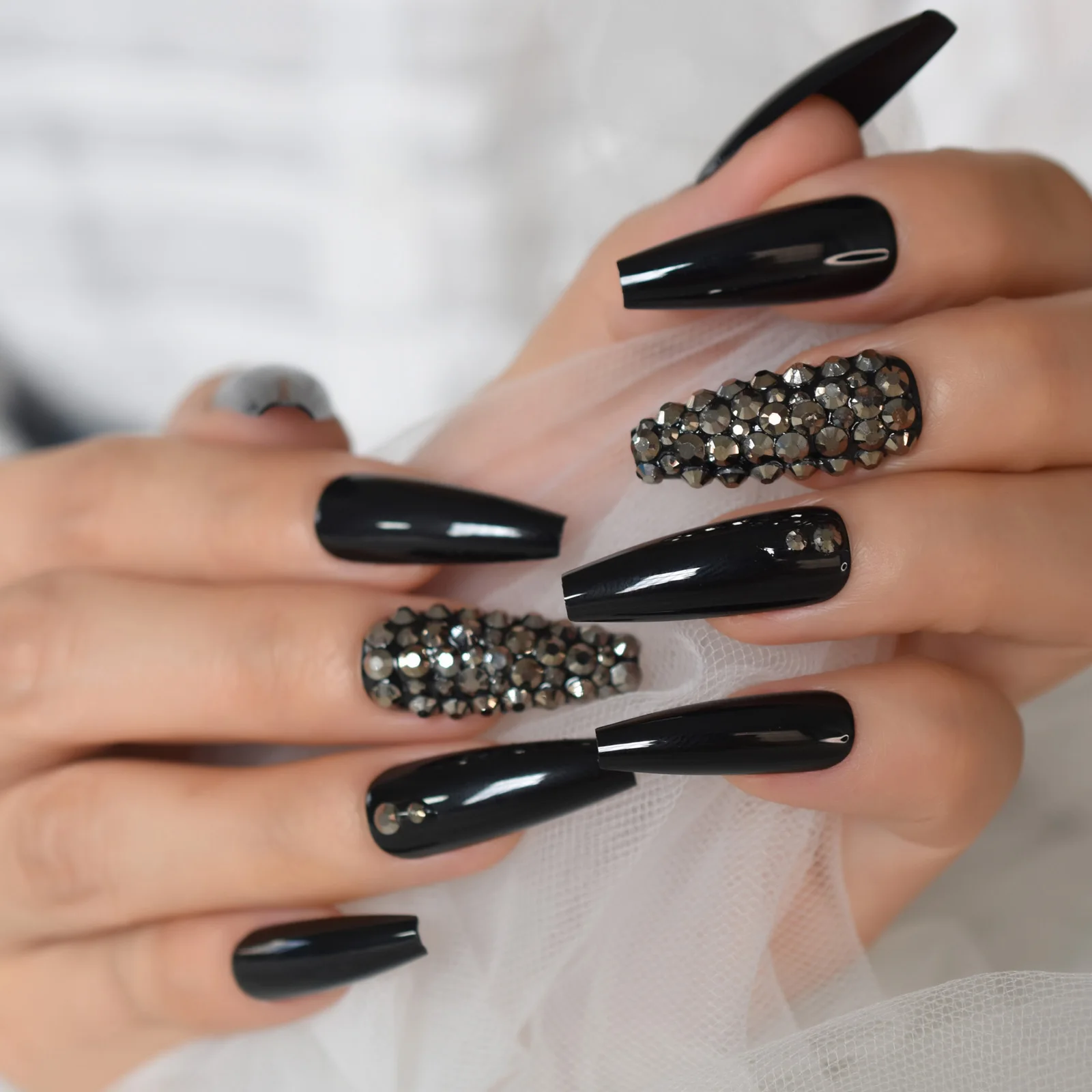 Metaliczny kamień sztuczne paznokcie szare cyrkonie dekoracyjne bardzo długie baleriny czarne sztuczne paznokcie zaprojektowane porady dla pani