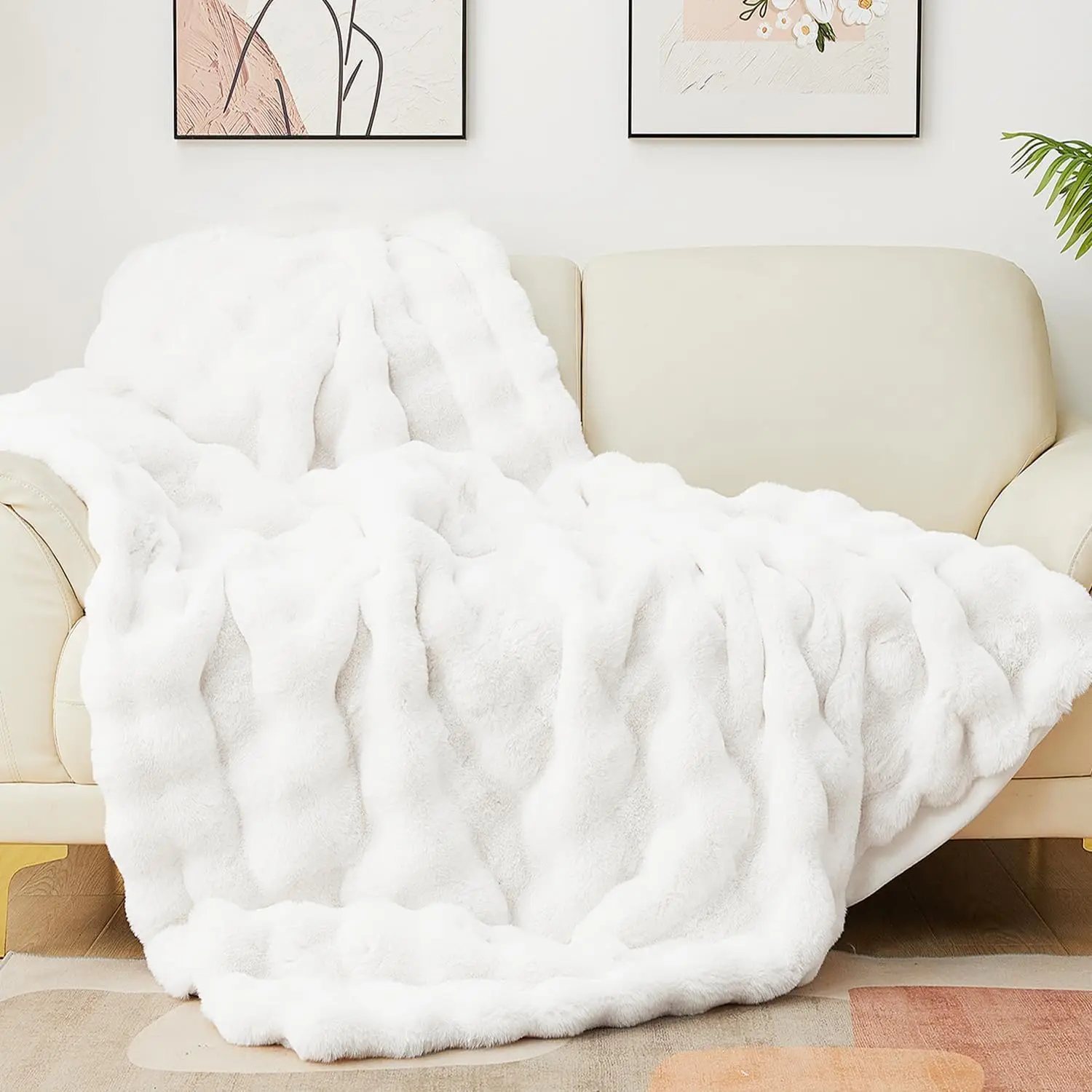 

White Blanket Cozy Thi Bubble Throw For Couch Sofa Bedroom Furry Soft Warm Luxury Twin Blanket For Bed 60X80 H,