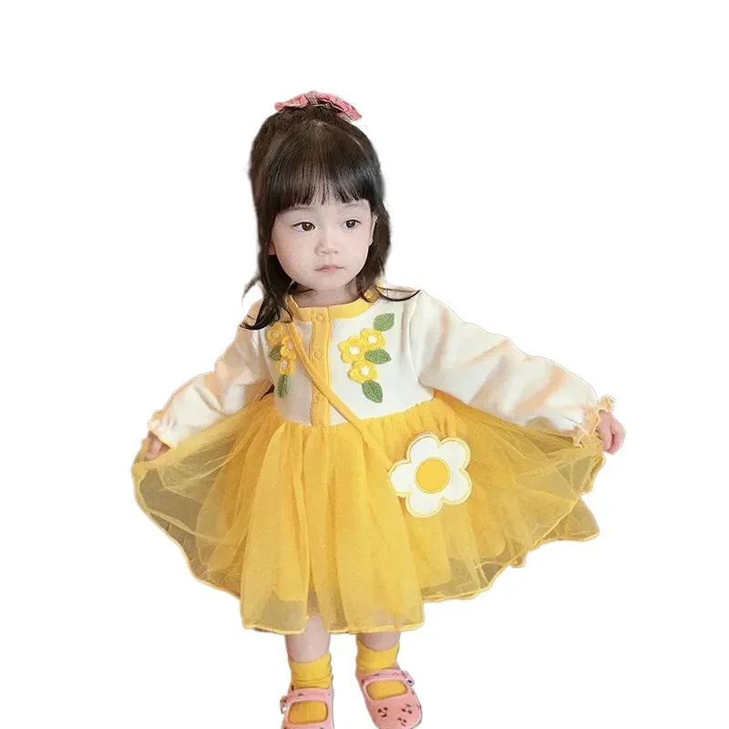 Autumn Yellow Flower Lace  Floral Dress Lolita Child Girls Casual Midi Dress Children Dresses For Teens Party Princess Sundress