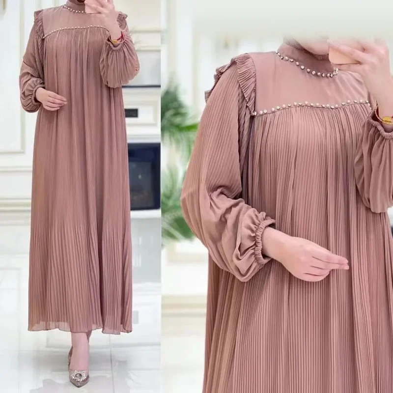 Elegante temperamento donne Dubai Abaya caftano turchia Islam abito musulmano Solid Lantern Sleeve Abaya per le donne caftano con cintura