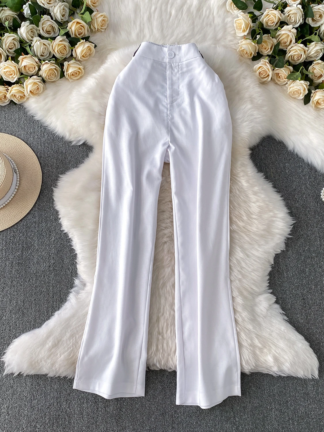 بدلة دينم بيضاء سراويل واسعة الساق للسيدات موضة عالية الخصر للتخسيس سراويل طويلة مايكرو حارة نمط التنقل النسخة الكورية