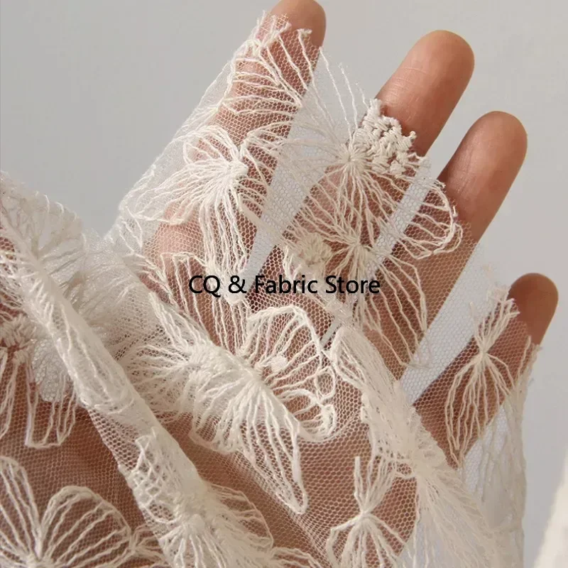 Soft Embroidered Mesh Lace Fabric for Cloth Dress Sewing Material Textile Ivory 150CM Width