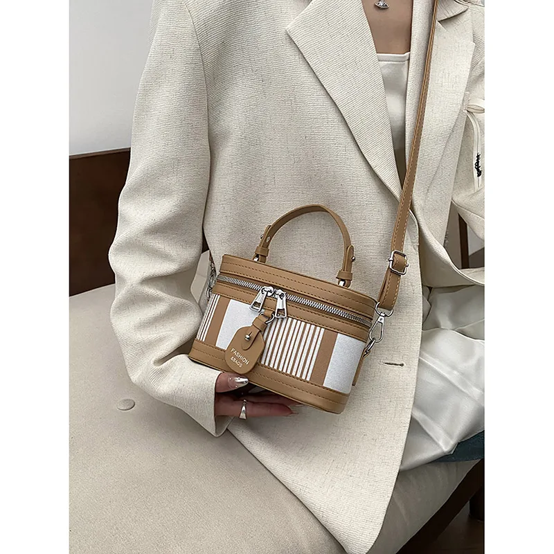 Korean Color Contrast Striped Canvas Splice Handbag Women High-end Fashion Mini Square Bag Casual Single Shoulder Crossbody Bag