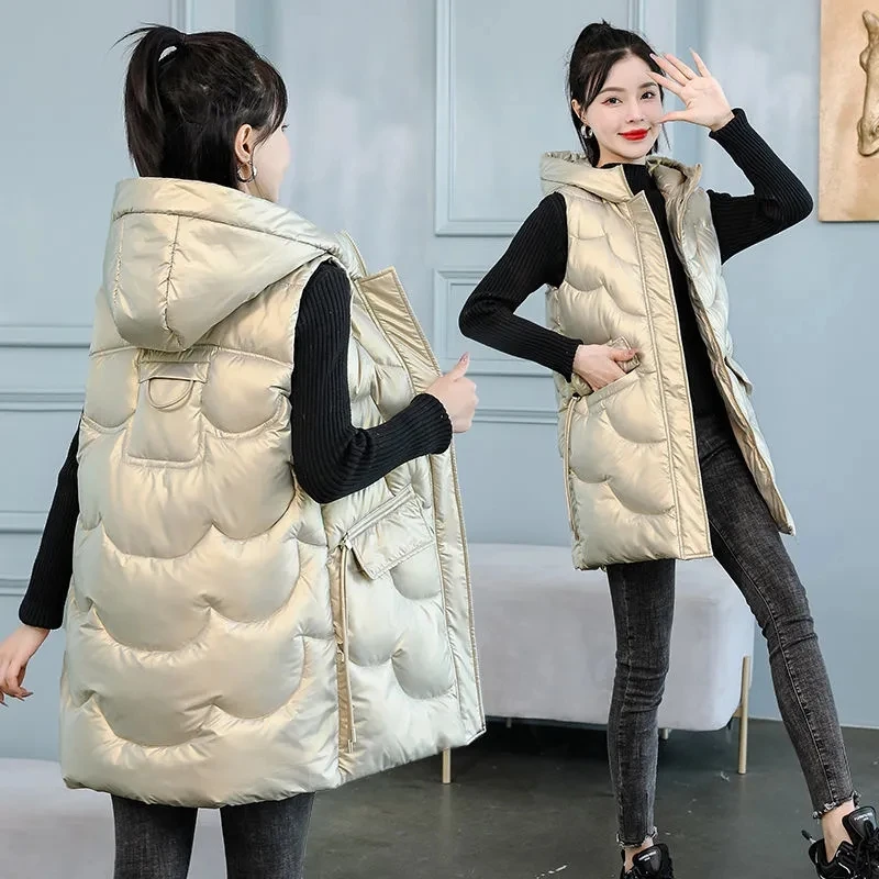 

Winter Long Vest Coat Women Jacket Fashion Warm Sleeveless Parkas Hooded Solid Loose 2023 New Female Waistcoat Casual Outerwear