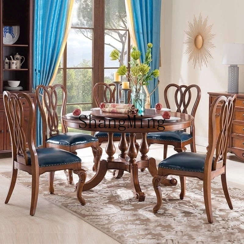 

CL solid wood dining table villa restaurant round eating table small apartment with turntable dining table and chair combination