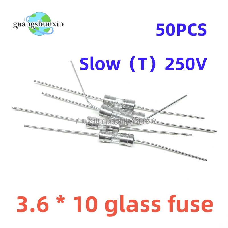 50pcs/lot 3.6*10 T Glass fuse Slow blow 250V T0.5A 1A 1.6A 2A 2.5A 3A 3.15A 4A 5A 6A 6.3A 8A 10A 15A 3.6x10mm