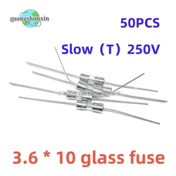 50pcs/lot 3.6*10 T Glass fuse Slow blow 250V T0.5A 1A 1.6A 2A 2.5A 3A 3.15A 4A 5A 6A 6.3A 8A 10A 15A 3.6x10mm