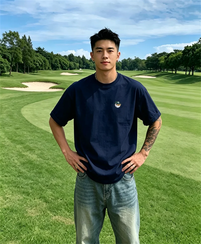 Men's Navy Blue Streetwear Golf T - Shirt with Golf Clothing Golf Ball & Cap Graphic