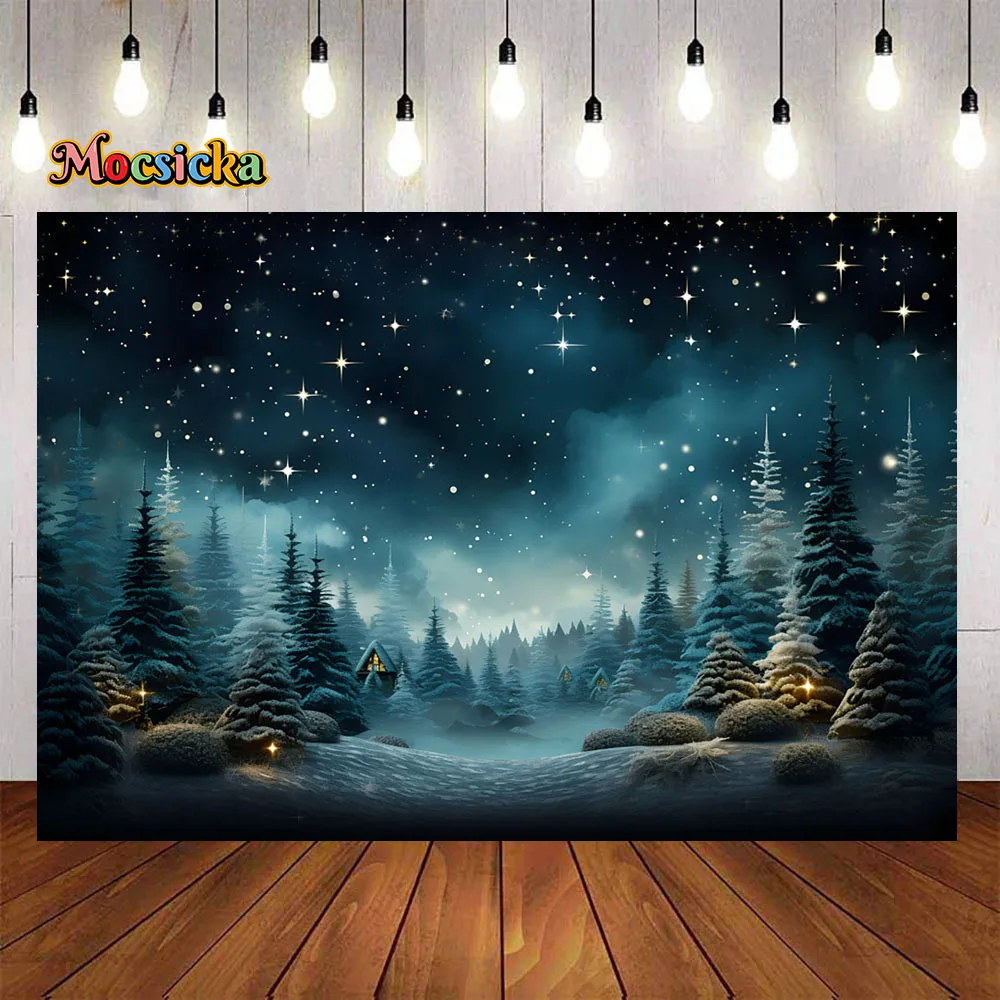 

Winter Night Backdrop Starry Sky Christmas Tree Forest Wonderland Background Decor Props Banner Newborn New Year Photo Studio