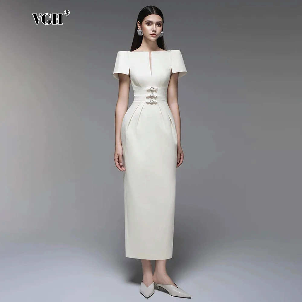 

VGH Formal Elegant Spliced Bowknot Long Dresses For Women Slash Neck Short Sleeve High Waist Temperament Bodycon Dress Female