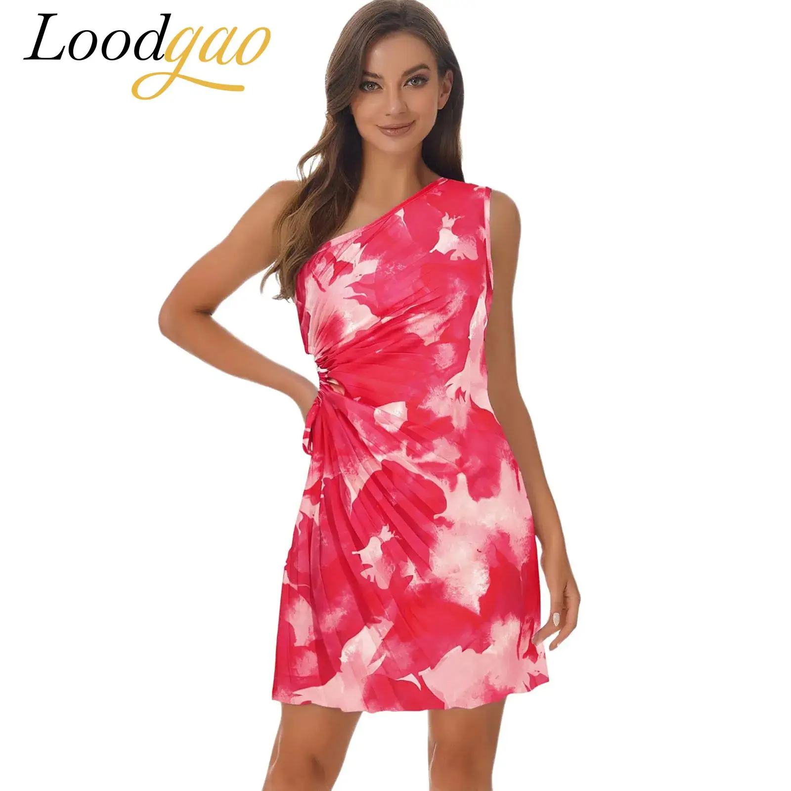 

Summer Women's Tie Dye Holiday Dress Sleeveless Mini Dress Sundress Vacation Vestidos Cut Out Prom Gown One Shoulder Clothes