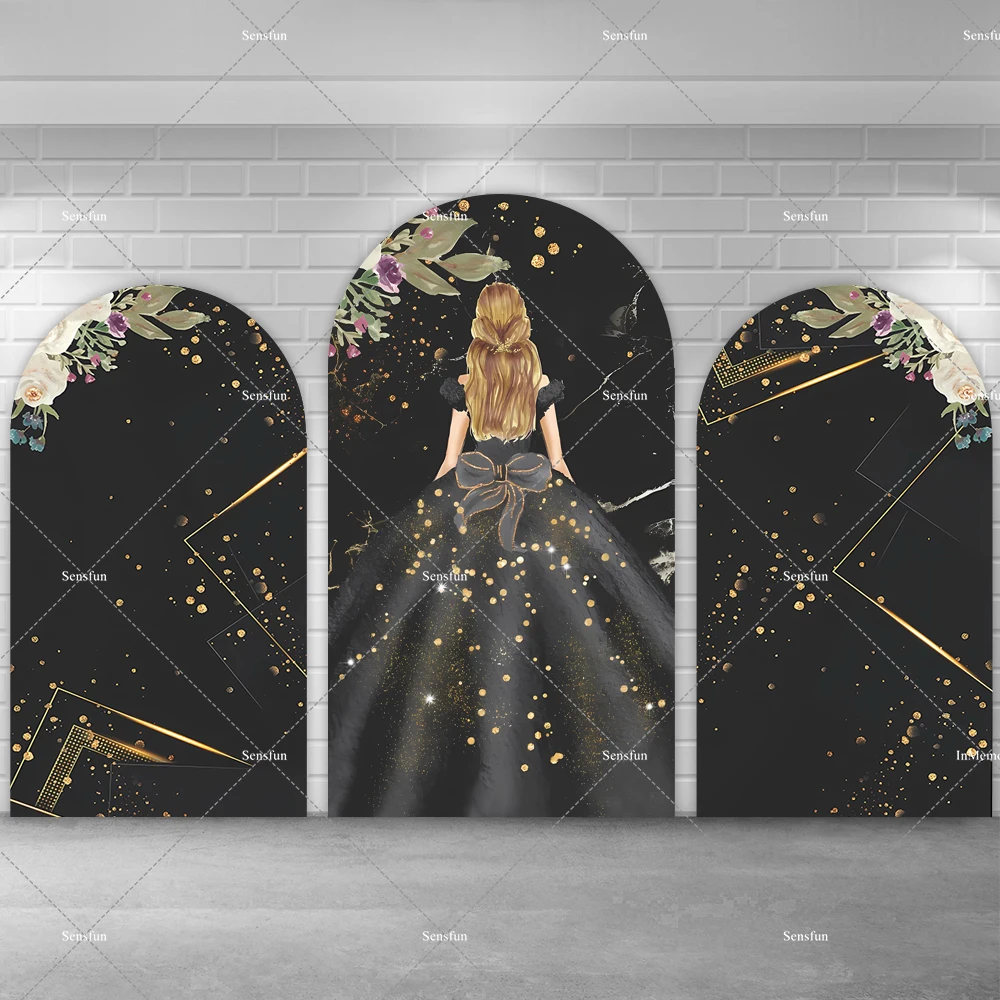 Quinceanera Dress Girls Sweet 15 16th Birthday Party Arch Backdrop Floral Black Gold Glitter Dots Adult Arched Background