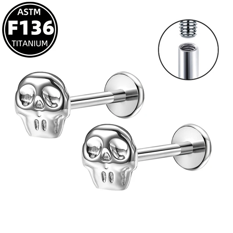 ASTM F136 Titanium Ear Stud Earrings Nose Ring, 18G/16G Skull Shaped Internally Threaded Flat Back Labret Body Piercing Jewelry