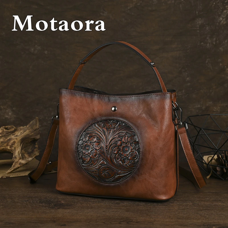 

MOTAORA New Vintage Chinese Style Women's Shoulder Bag Embossed Handmade Leather Crossbody Bucket Bags Mother's Handbag Purse