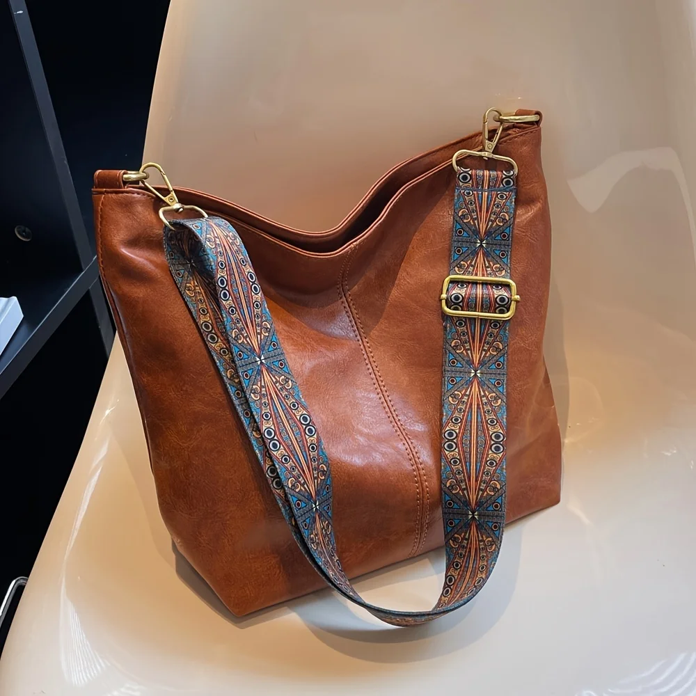 Damen Vintage PU-Leder Schultertasche Große Kapazität Hobo-Tasche Lässige Umhängetasche Tägliche Pendler-Einkaufstasche in Unifarbe – Detail 2