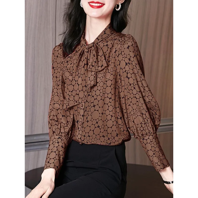 

New Autumn and Winter Tea Style Tea-style Coffee-color Bow Polka Dot Long Sleeve Chiffon Lantern Shirt Top for Women