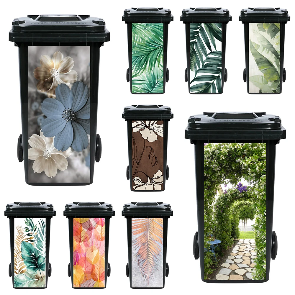 

Green Plant Flower Trash Can Sticker Cover, Leaf Texture Feather Palm Leaves Outdoor Waterproof Garbage Bin Stickers