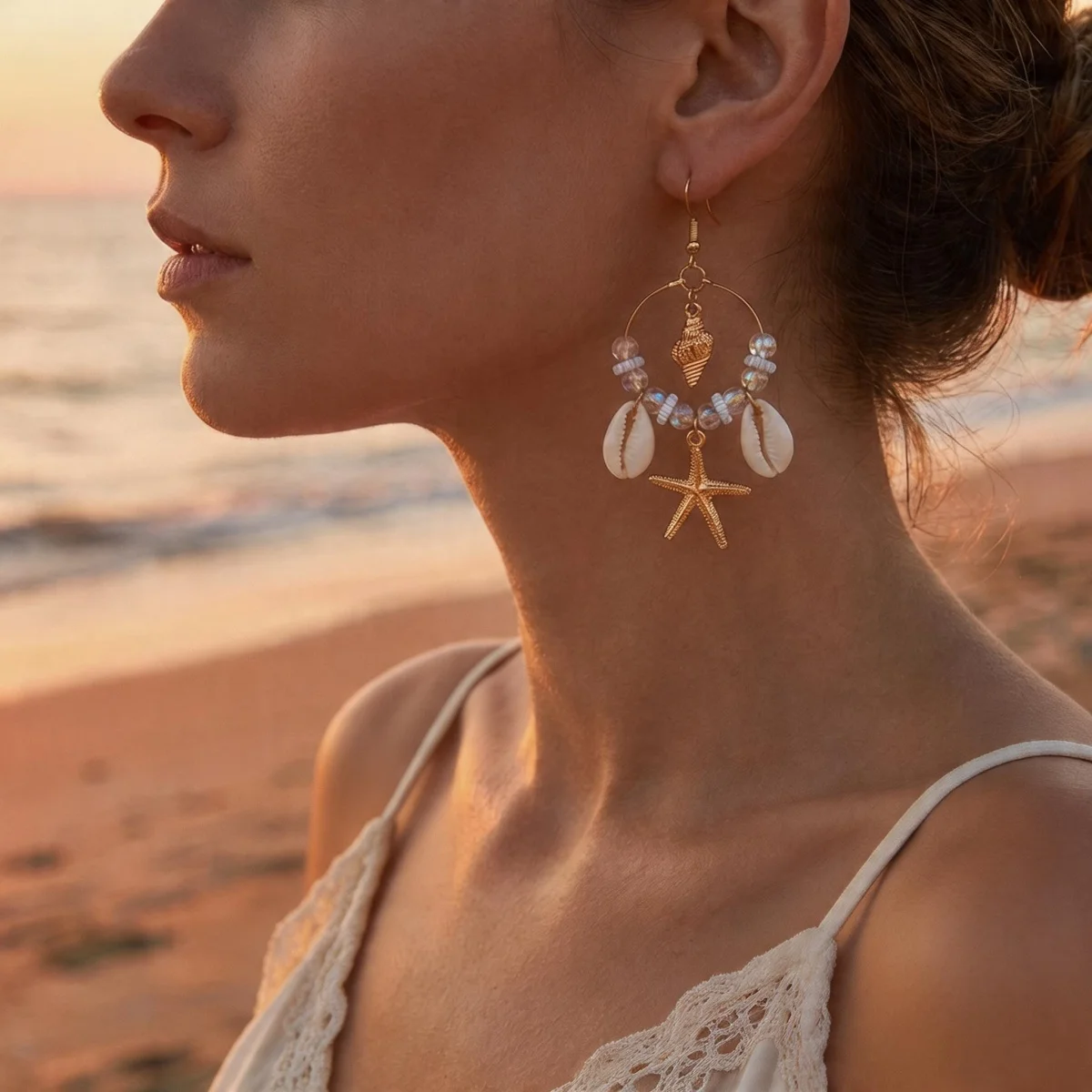Kristall-Kreis Muschel Seestern Quasten-Ohrringe für Damen und Herren Boho Ozean Seepferdchen Ohrringe Trendiger Sommer-Strandschmuck – Detail 7