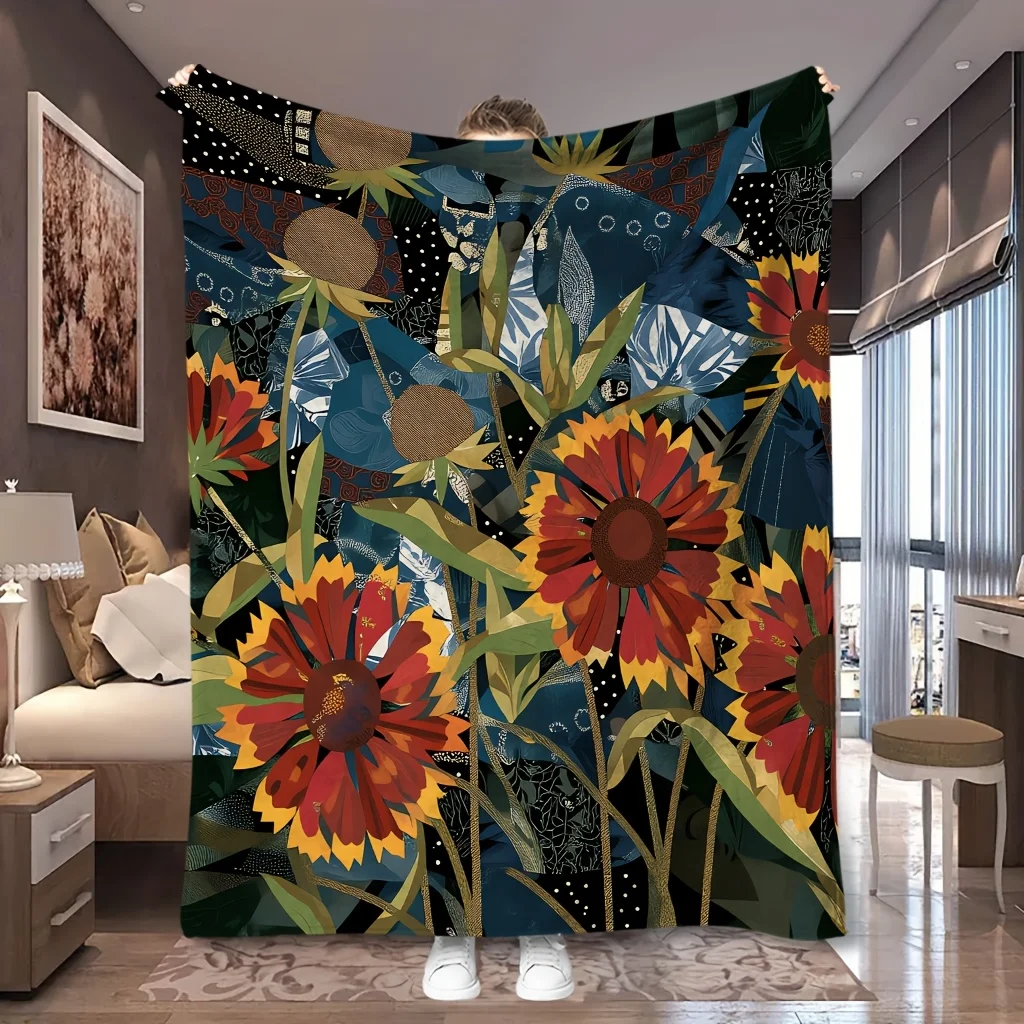1pc Large Sunflower Dark Jungle Folk Art Print Flannel Blanket, Portable and Practical, Suitable for Blankets, Kid Bed Covers, D