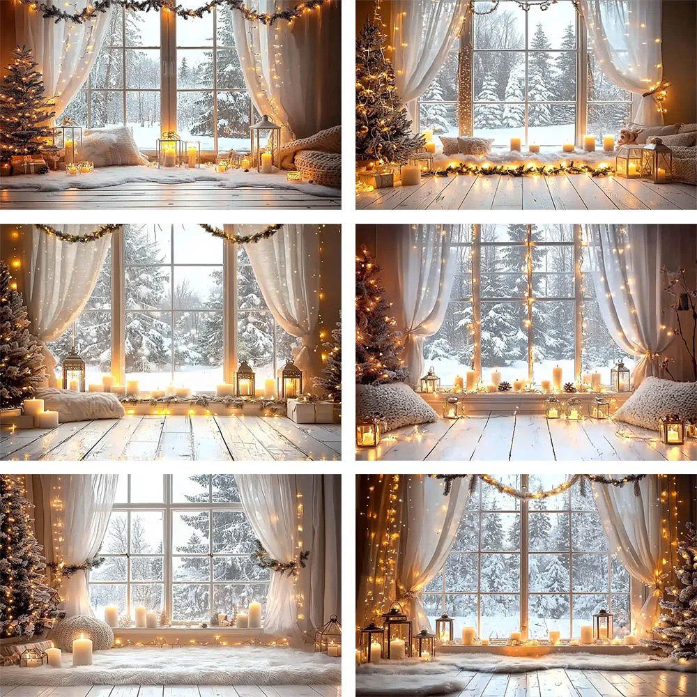 

Mehofond Christmas Window Backdrops for Photography Kids Birthday Party White Curtain Tree Candles Xmas Lights Decor Background