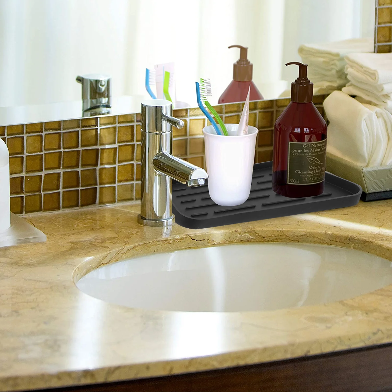 

Silicone Kitchen Sink Organizer Sponge Holder Drying Tray Black Food Grade Draining Pad Multipurpose Kitchen Drying Mat