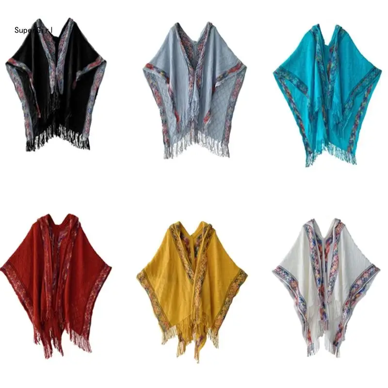 Ethnic Thin Shawl with Fringed Multifunctional Shawl Scarf Poncho Travel Shawl J78E