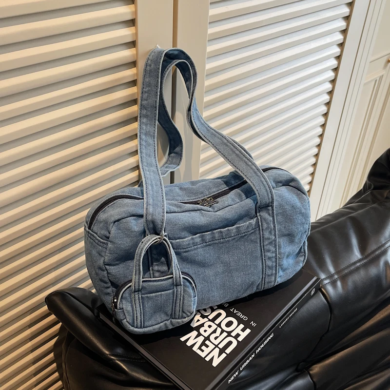 

Универсальные джинсовые сумки на плечо на молнии, новинка 2025 года, высокое качество, однотонные модные новые сумки большой вместимости, швейные нитки