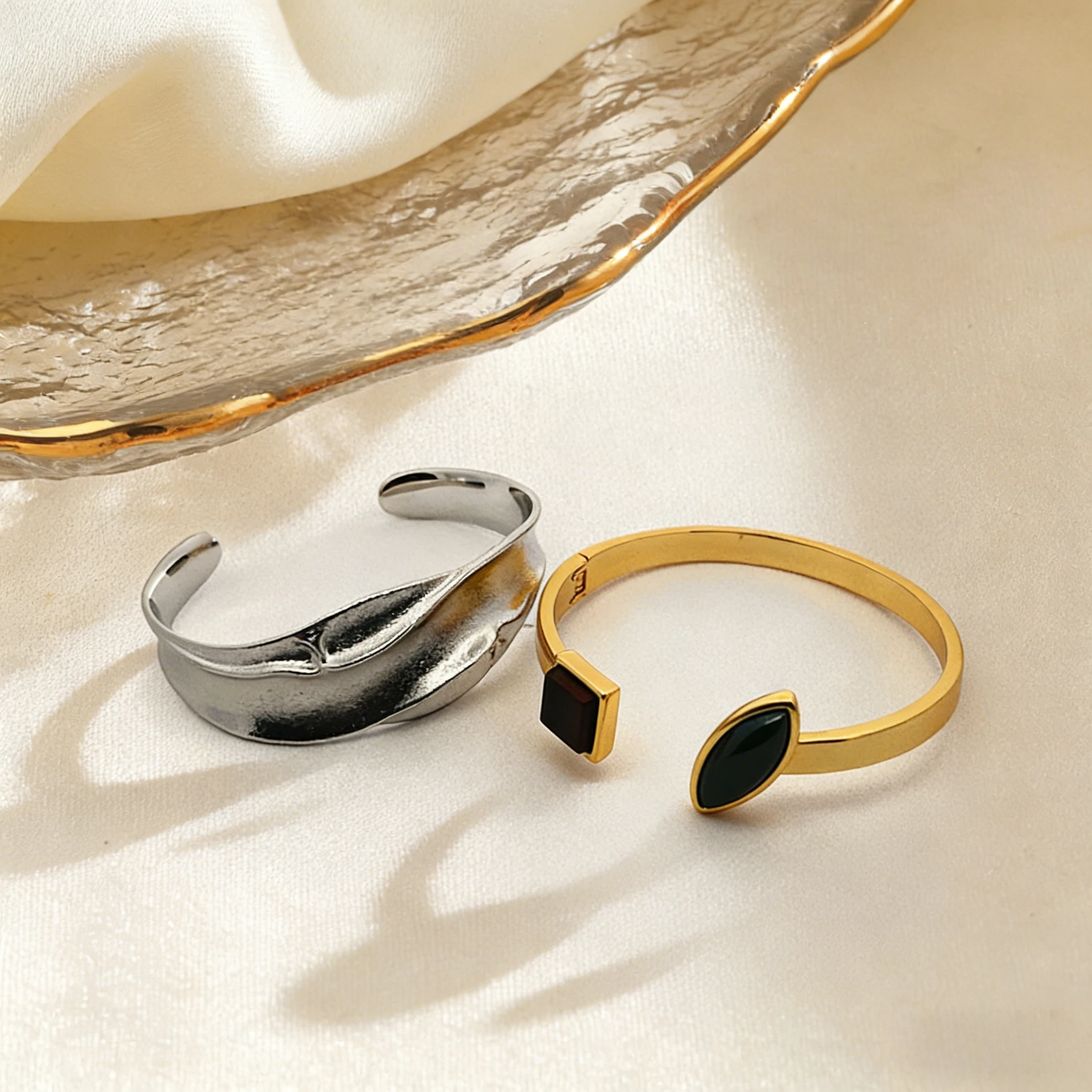 

Gold Silver Open Cuff Bangle Set for Women Minimalist Stainless Steel Adjustable Bracelet Jewelry