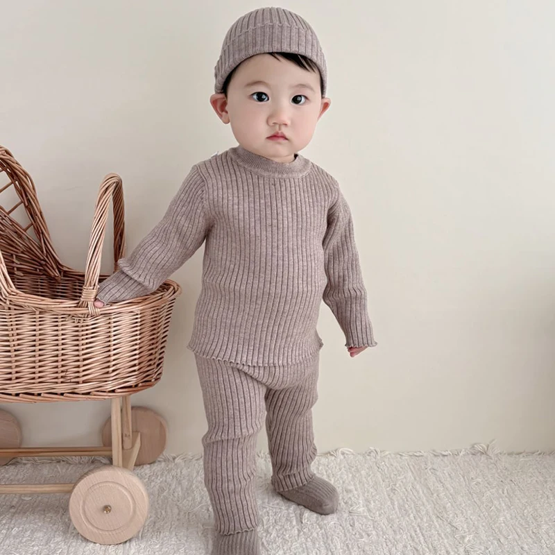 2025 New Autumn 0-4Yrs Infant Baby Boys Girl Knitting Clothes Suit Long Sleeved Knitted Pullover+Pants+Hat Children Clothes Set