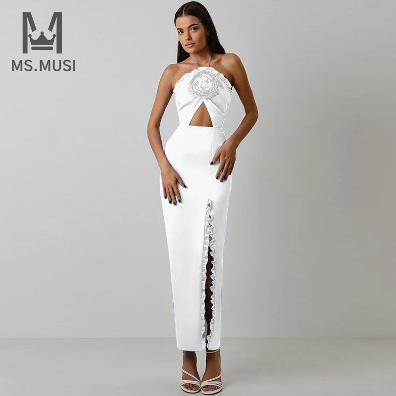 MSMUSI 2024 ใหม่แฟชั่นผู้หญิงเซ็กซี่Halter Floral Decor Hollow Out Ruffles Backless Bandage Bodycon Party Club Maxiชุด