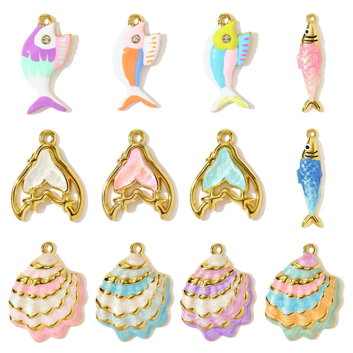 3pcs/Lot Wholesale Stainless Steel Fish Mermaid Tail Necklace Pendants Enamel Shell DIY Earring Charms Women Ocena Style Jewelry