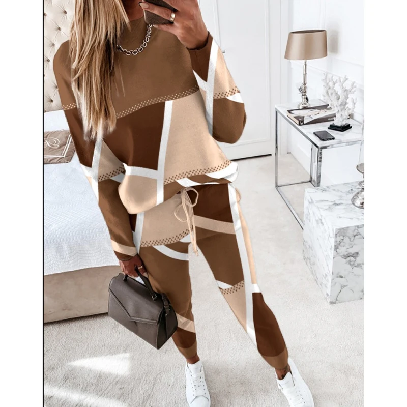 Women Casual Two Piece Sets Fashion Geometric Print O-Neck Long Sleeve Tops and Drawstring Pencil Pants Sets Office Lady Outfits