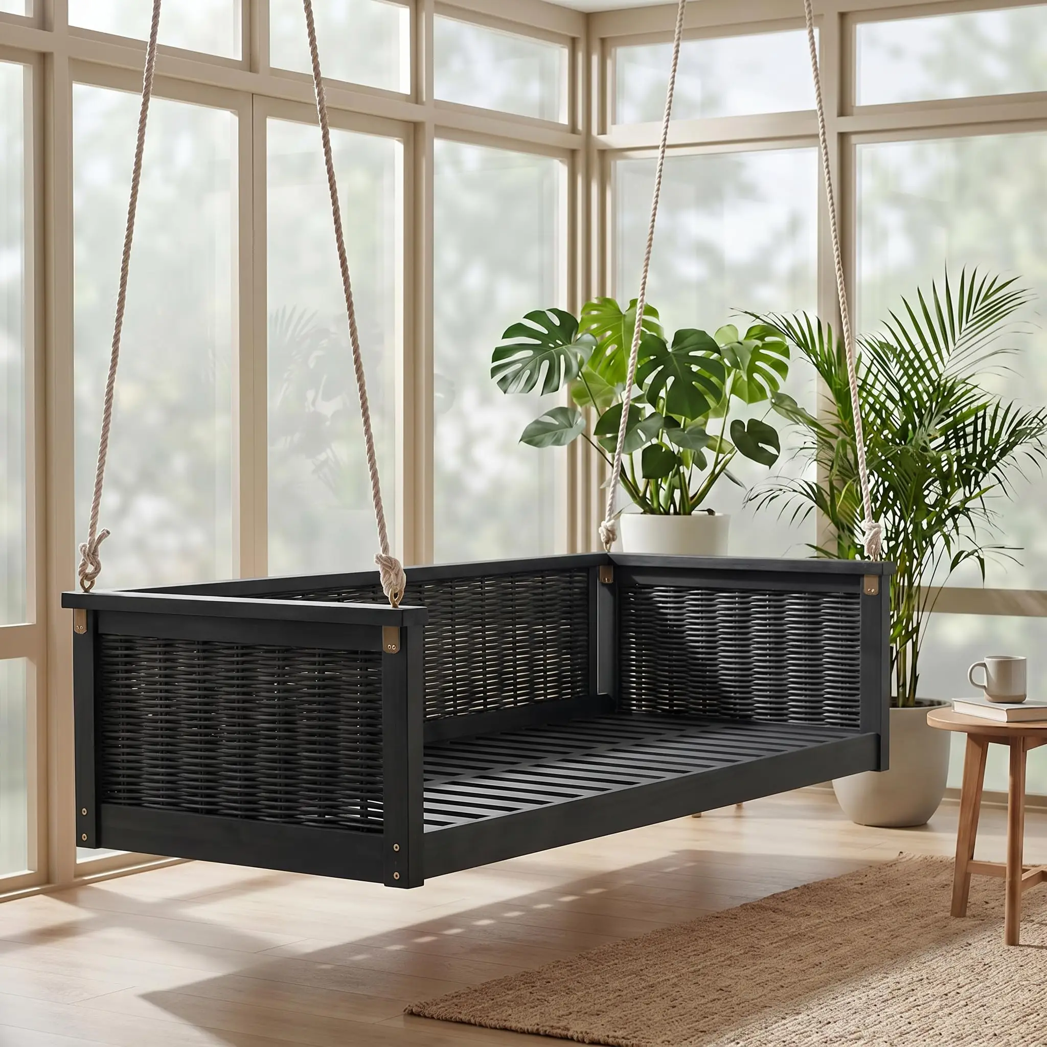Twin Size Outdoor Porch Swing Bed, Acacia Wood & Rattan Hanging Daybed with Ropes for Patio, Backyard & Garden, Black