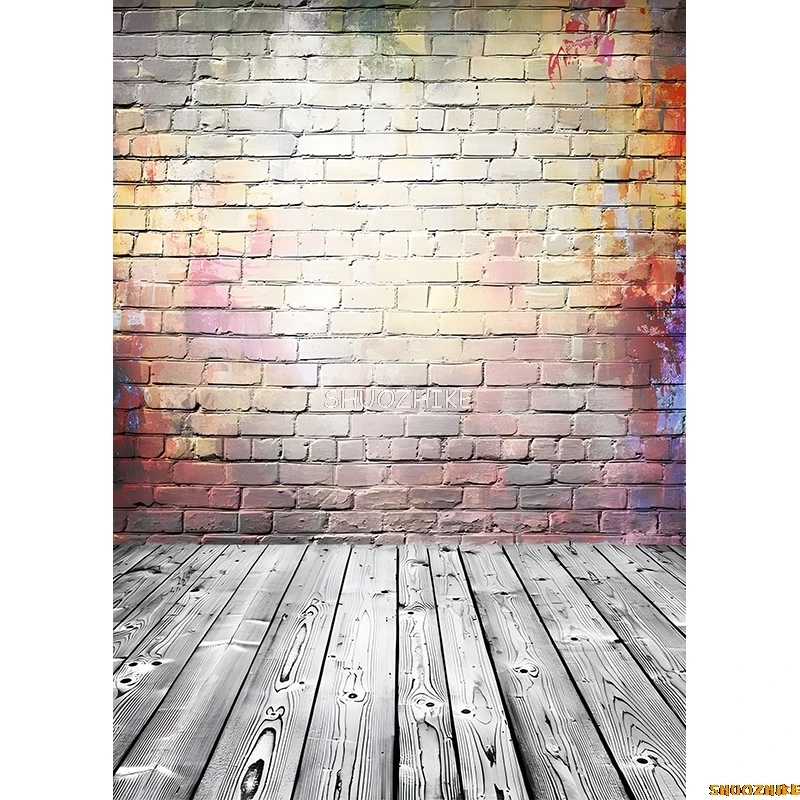Shuozhike-レンガの壁と木製の床のテーマ写真の背景、ポートレート、子供の家の写真スタジオの背景、QY-82