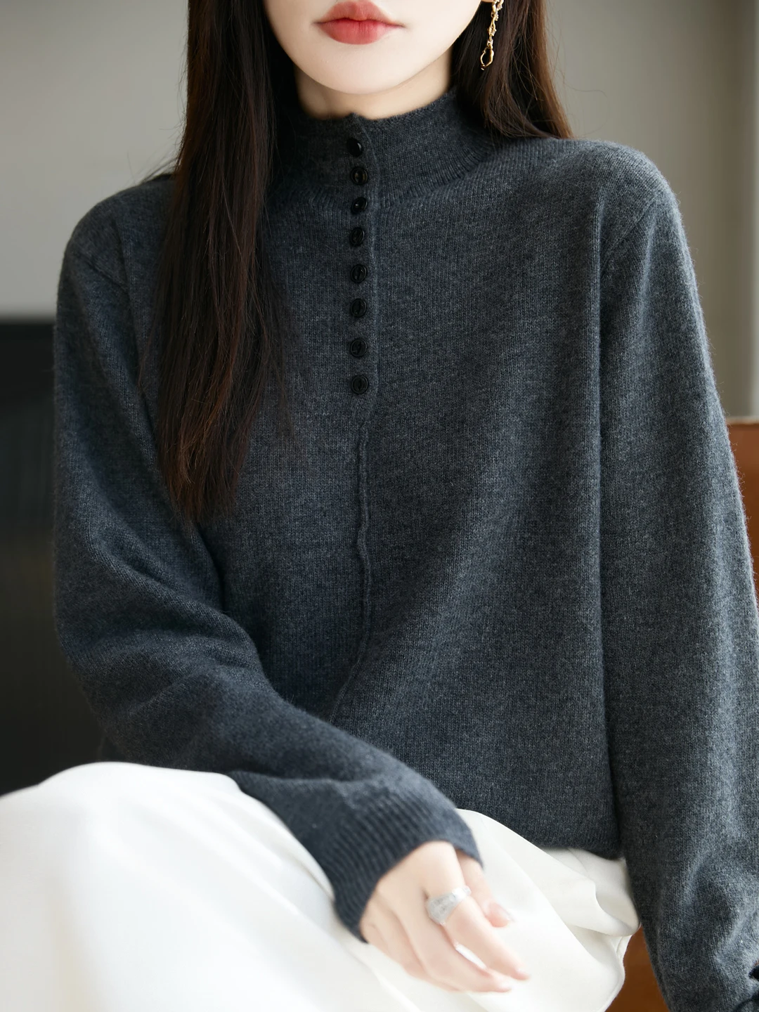 

Thiened ey f High Collar Button Women's Knitted Sweater Retro Open Collar Autumn Winter Warm Pure Color Base Layer Top