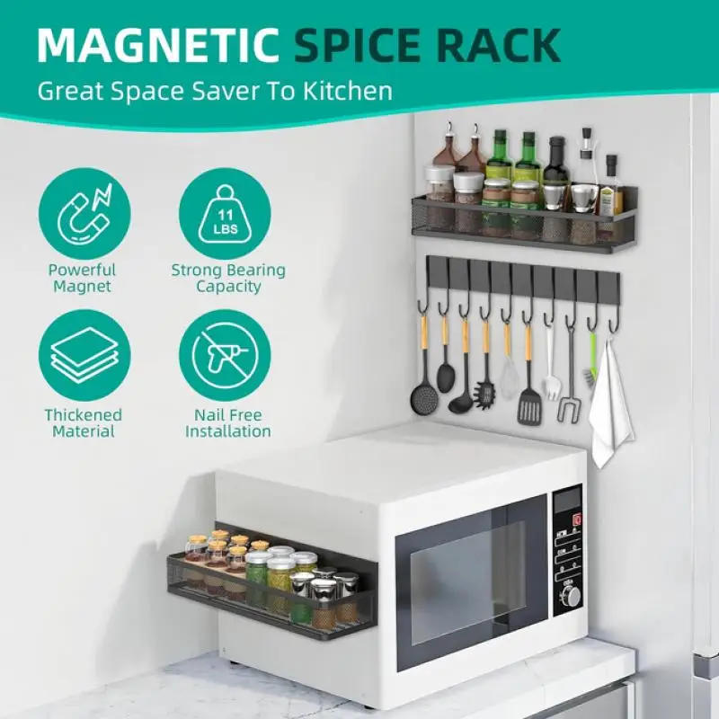 Magnetic Spice Rack Magnetic Rack for Refrigerator Spice Organizer with 8 Hook Rack Magnetic Shelfs