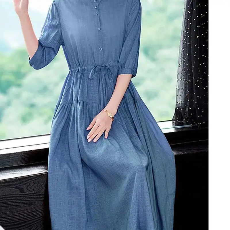 Summer New Chic Solid Color Cotton Dress Women Elegant Fashion Vestidos De Fiesta Long Sleeve Robe Femme O Neck Women\'s Clothing