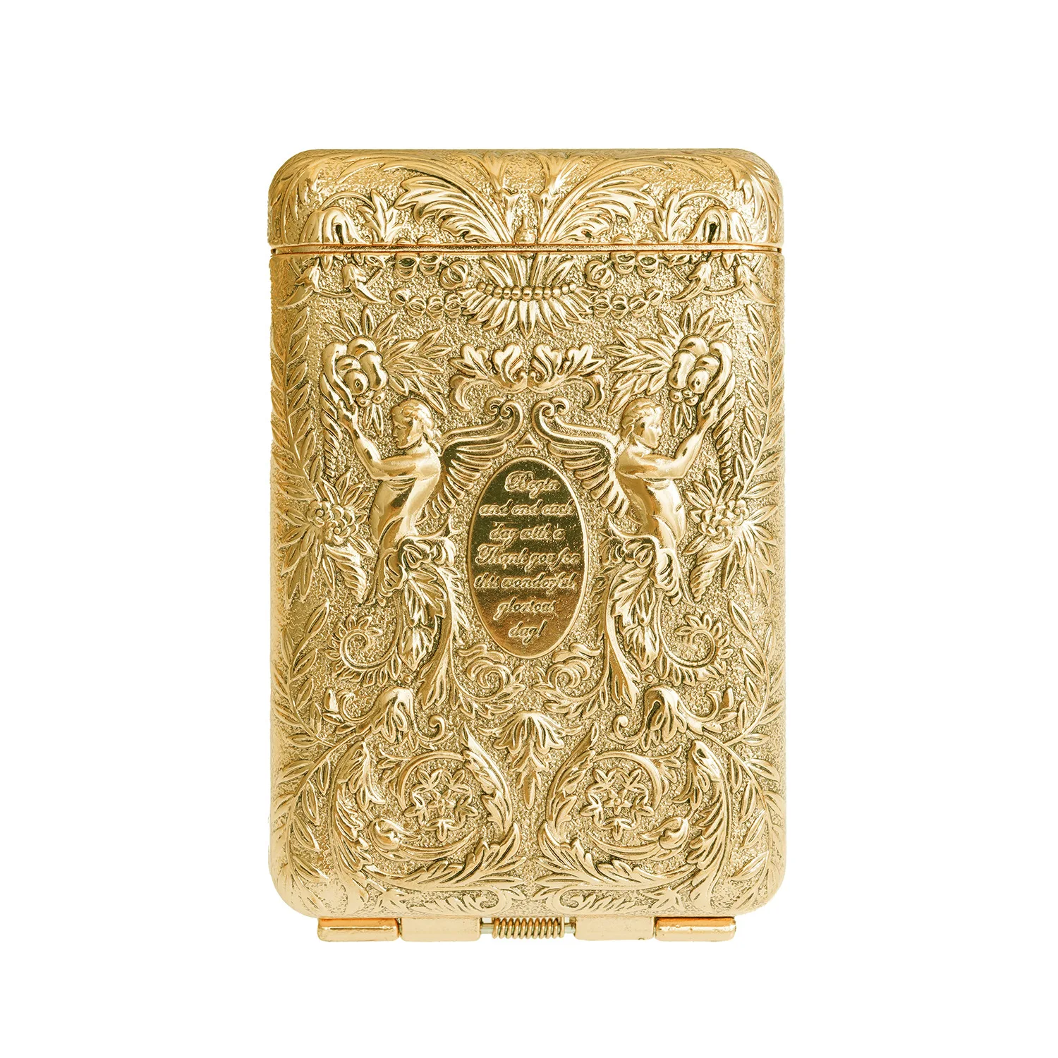 Retro Gold Tone Metal Cigarette Case Hand-Engraved Angel Pattern Decorative Tobacco Storage Box Collectible Gift Item