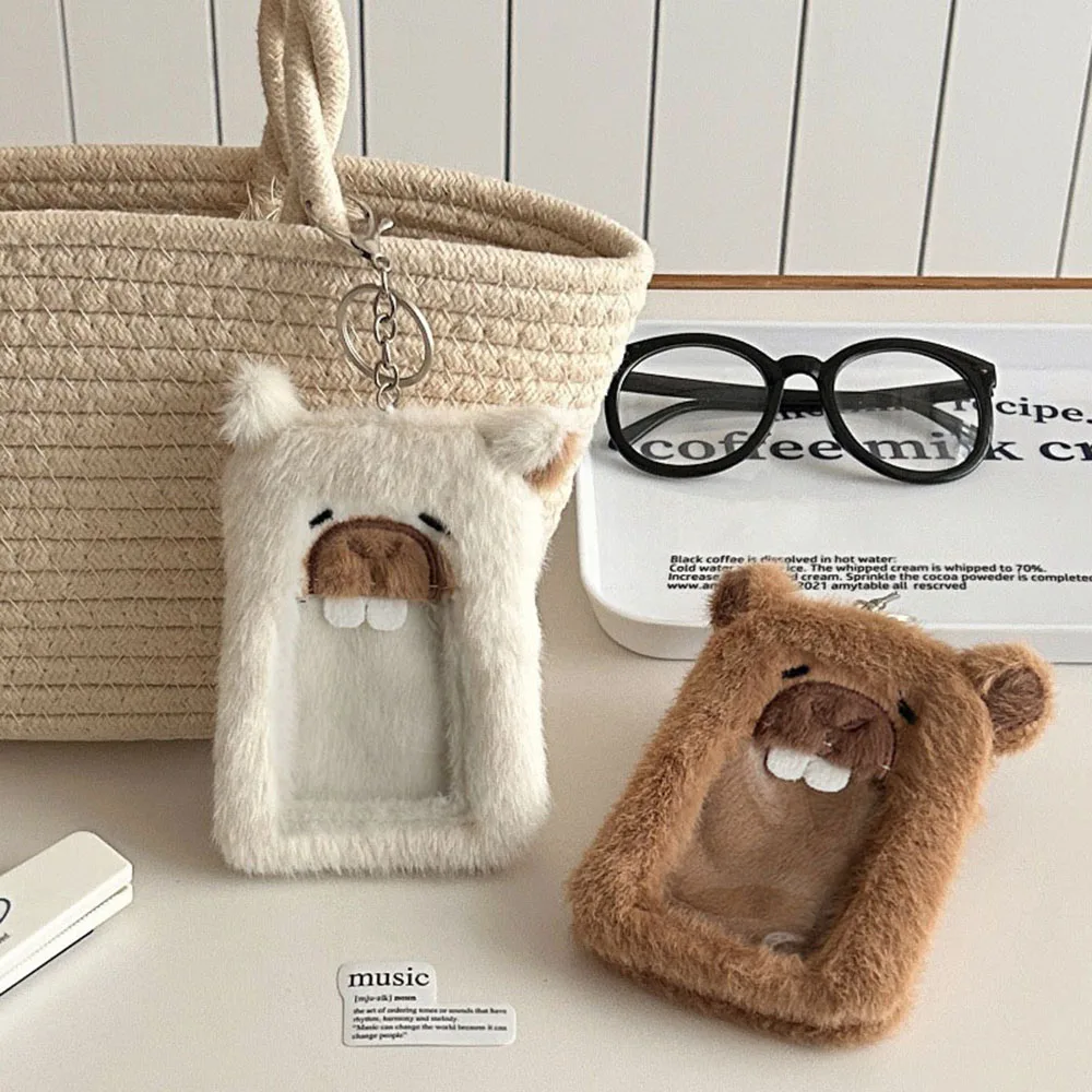 2024 Cute Cartoon Photocard Holder Animal Capybara Plush 3 Inch Kpop Photo Card Holder Keychain Bag Pendant School Stationery