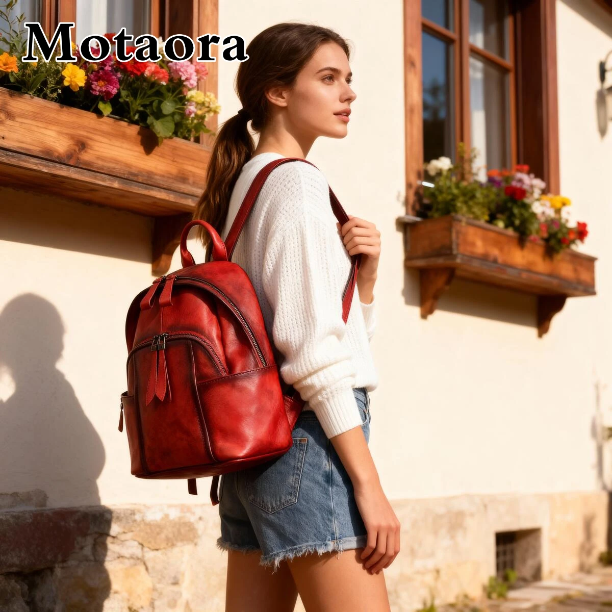 

MOTAORA 2025 New Genuine Cowhide Leather Backpack for Women, Handmade Retro Large Capacity Travel Backpack