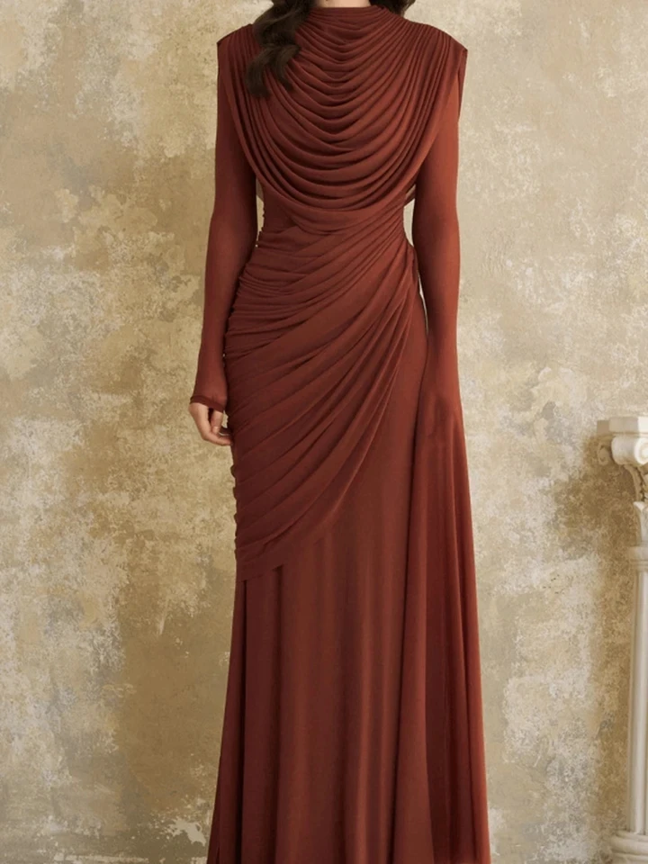 

Spring Summer New Simple Maxi Dresses Temperament Ruffles Long Sleeve Evening Dress Elegant Lady Solid Color Slim Banquet Dress
