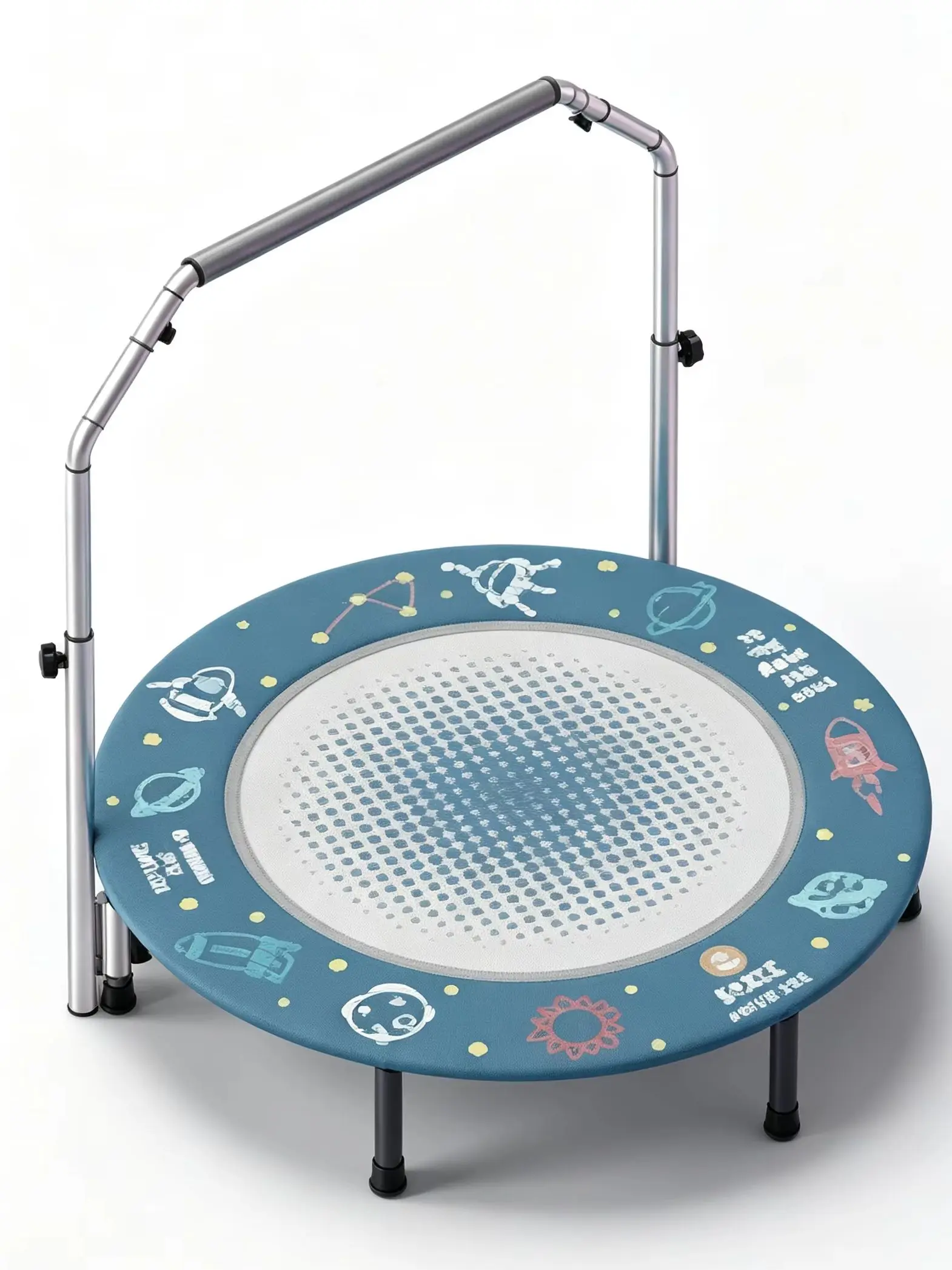 Space Cartoon Printed Kids Trampoline Adjustable Metal Handrail Round Indoor Toddler Fitness Jumping Rebounder