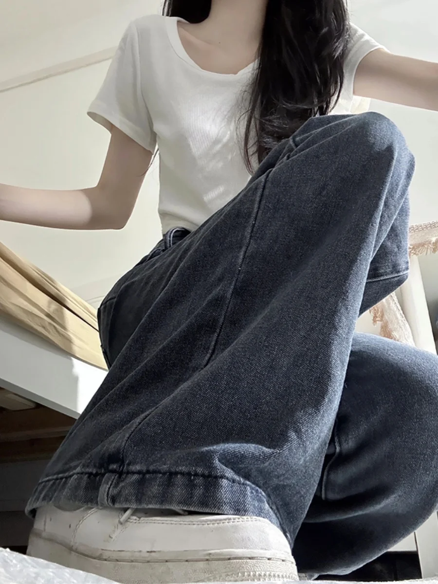 

Джинсы с высокой талией и широкими штанинами прямого кроя для женщин, больших размеров, с эффектом похудения, длинные брюки для фигуры типа «груша»