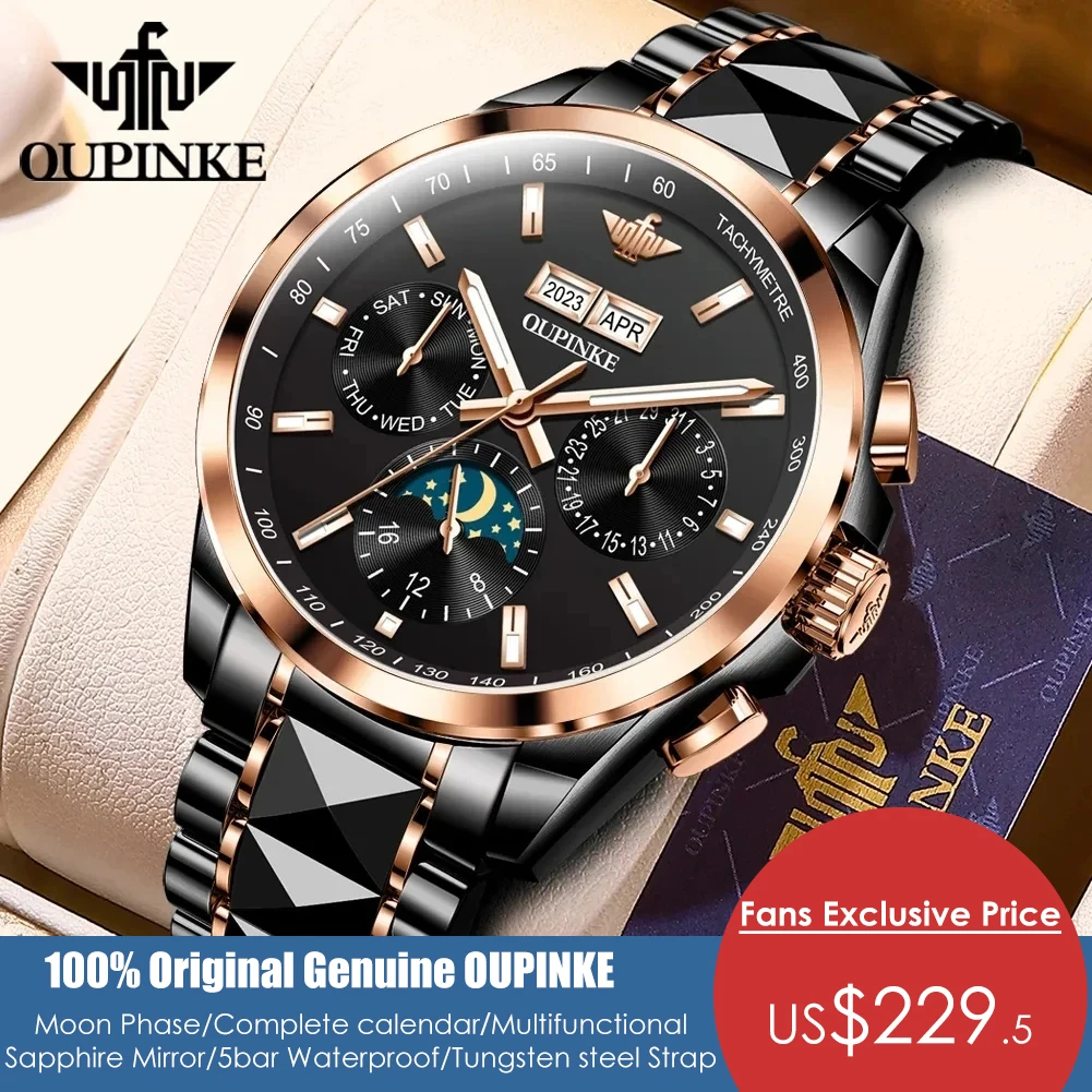 

OUPINKE Automatic Mechanical Watch for Men Original Retro Roman Scale Luxury Sapphire Mirror Waterproof Moon Phase Men's Watch