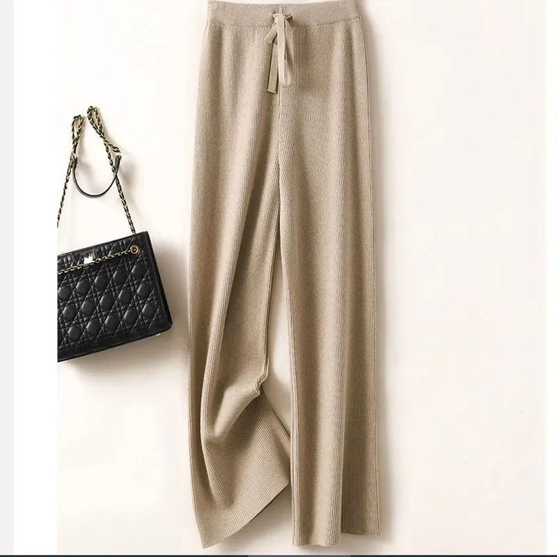 Korean Version of Solid Color High-waisted Knitted Wide-leg Pants,Autumn and Winter Casual High Elastic Straight Leg Pants Women